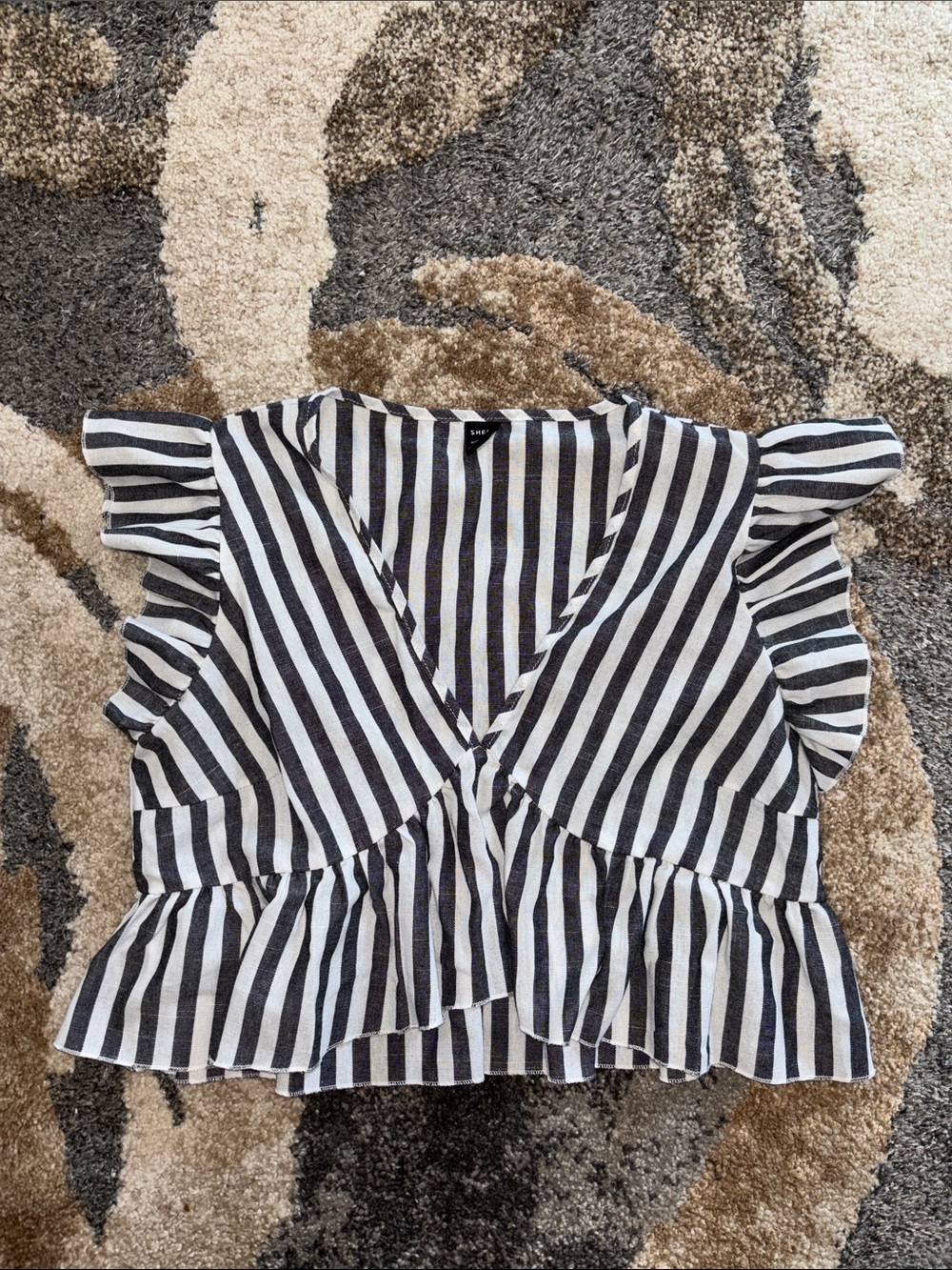 SHEIN Black & White Striped Ruffle Peplum Blouse